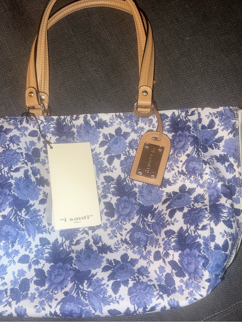 Blue Floral Tote with Tan Handles by Santi